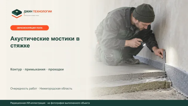 Редакционная иллюстрация проверки кромочной ленты и звукоизоляционного слоя плавающей полусухой стяжки