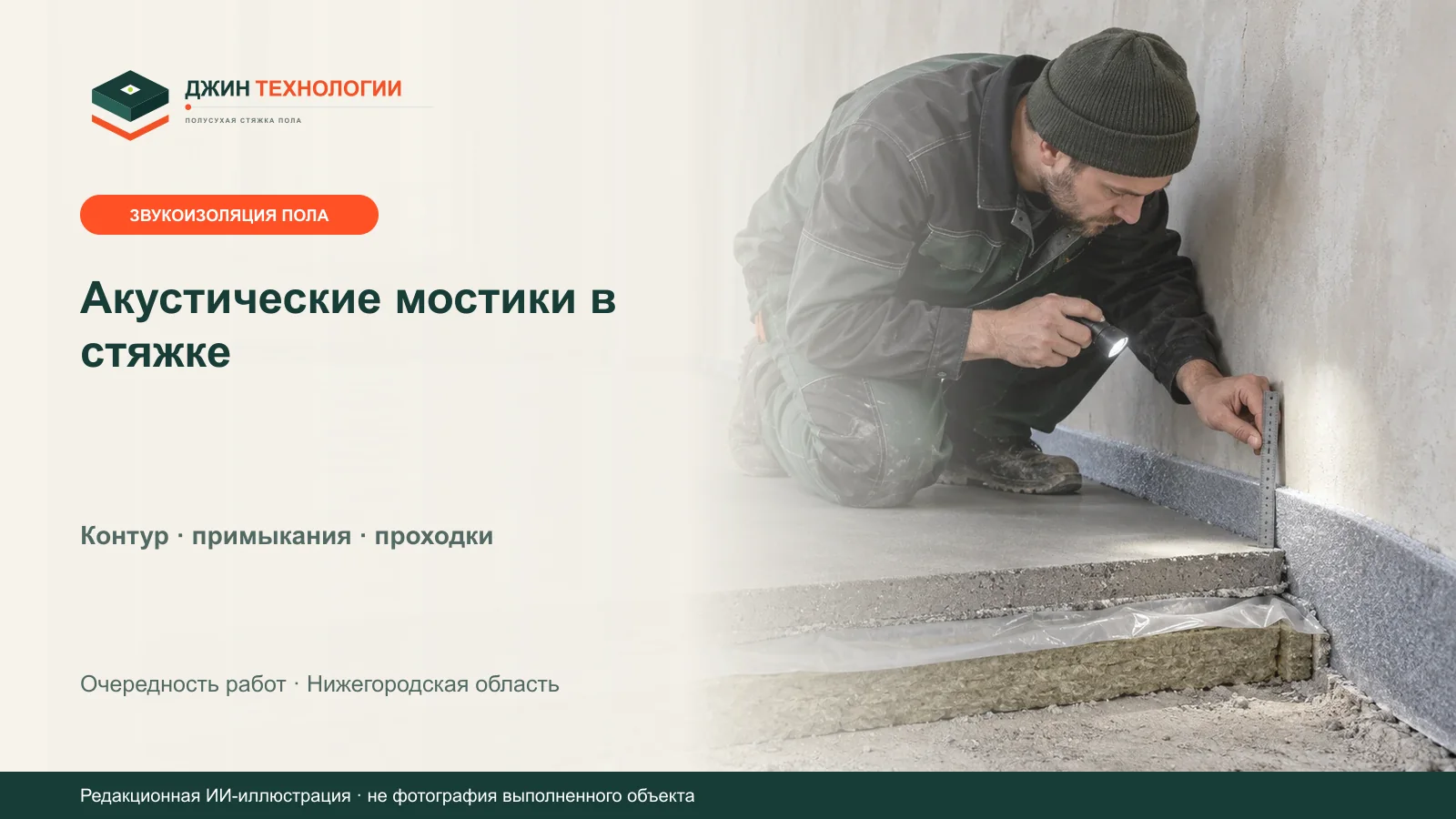 Редакционная иллюстрация проверки кромочной ленты и звукоизоляционного слоя плавающей полусухой стяжки
