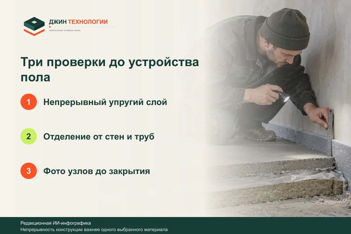 Схема проверки акустических мостиков в конструкции пола: Непрерывный упругий слой, затем Отделение от стен и труб, затем Фото узлов до закрытия
