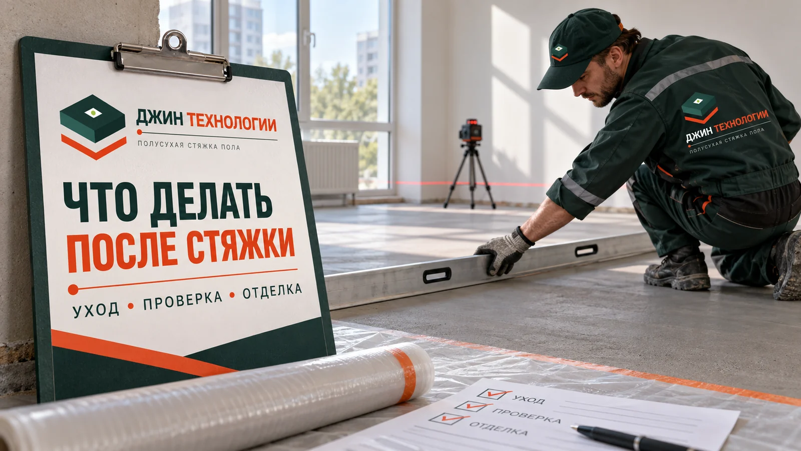 Редакционная ИИ-иллюстрация проверки полусухой стяжки перед дальнейшими работами