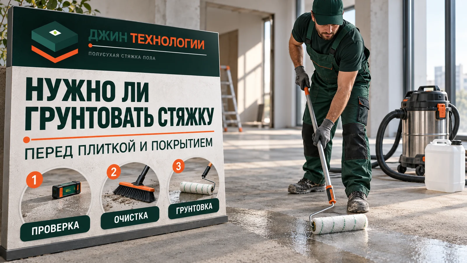 Редакционная ИИ-иллюстрация подготовки полусухой стяжки к грунтованию перед покрытием