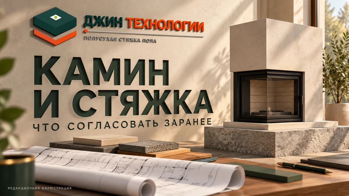 Редакционная ИИ-иллюстрация: условный макет камина рядом с образцами пола и планами, фирменный знак Джин Технологии
