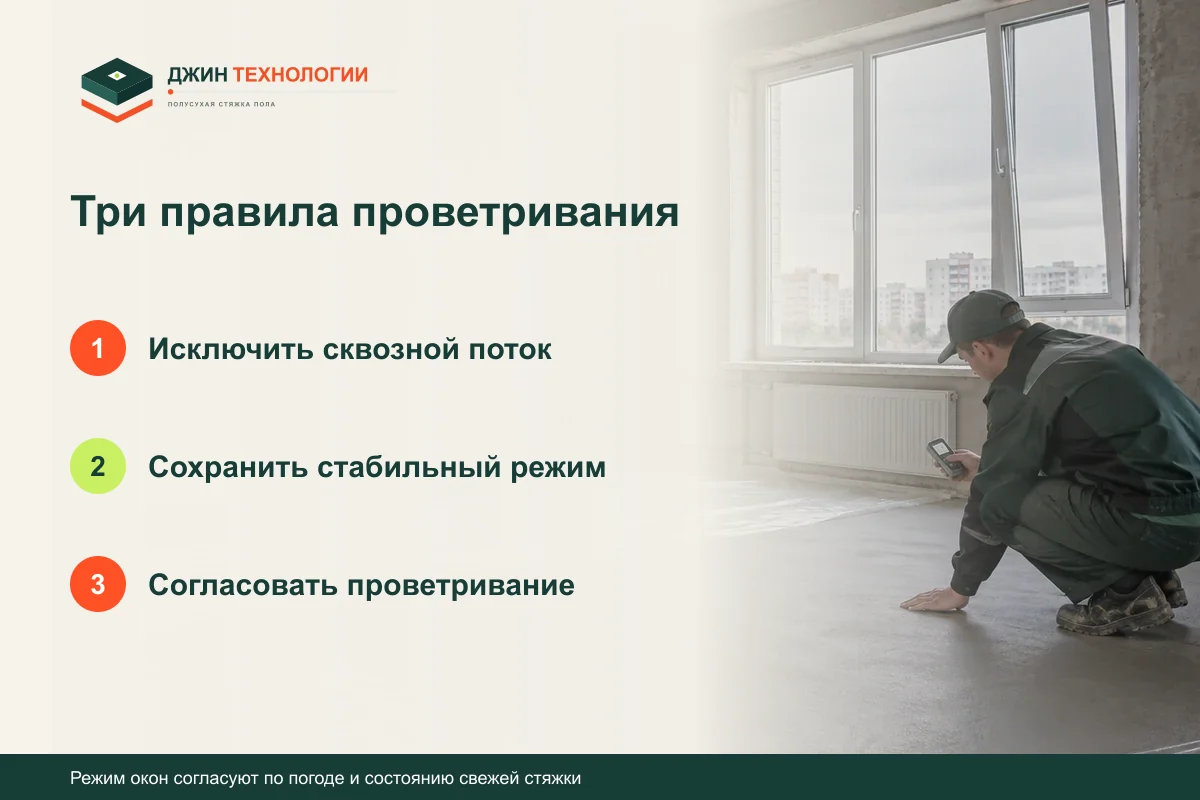 Памятка по проветриванию после полусухой стяжки: Исключить сквозной поток, затем Сохранить стабильный режим, затем Согласовать проветривание