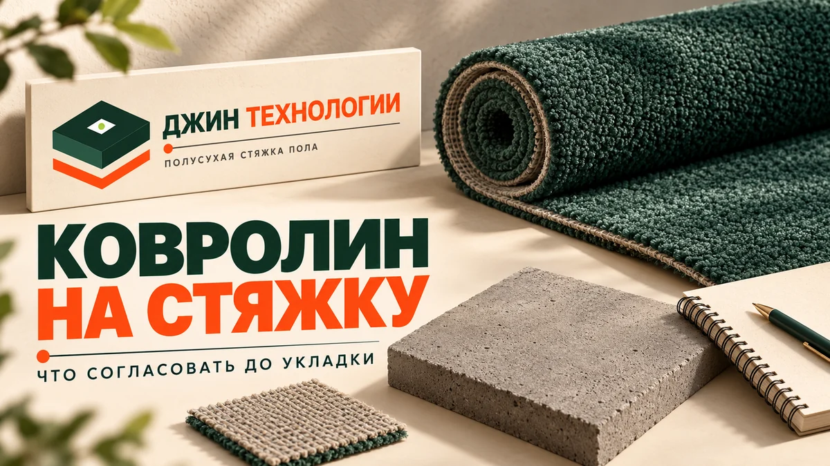 Редакционная ИИ-иллюстрация: рулон ковролина, образец стяжки и план согласования, фирменный знак Джин Технологии