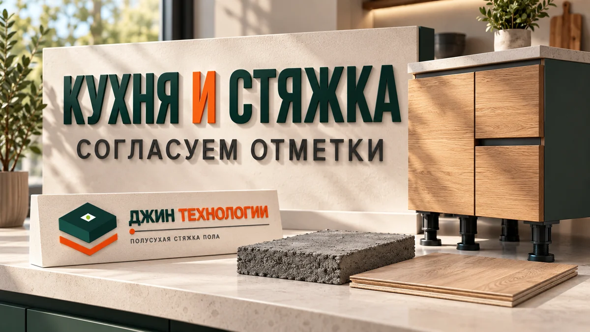 Редакционная ИИ-иллюстрация: условный кухонный модуль рядом с образцами стяжки и покрытия, фирменный знак Джин Технологии