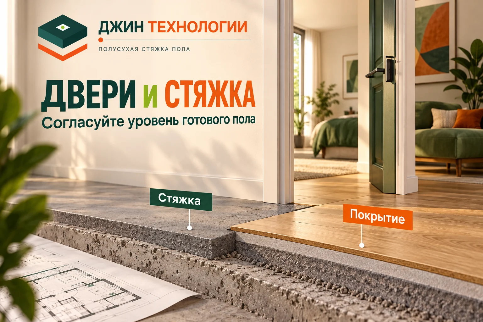 Редакционная ИИ-иллюстрация: концептуальное сопоставление дверного проёма, стяжки и покрытия