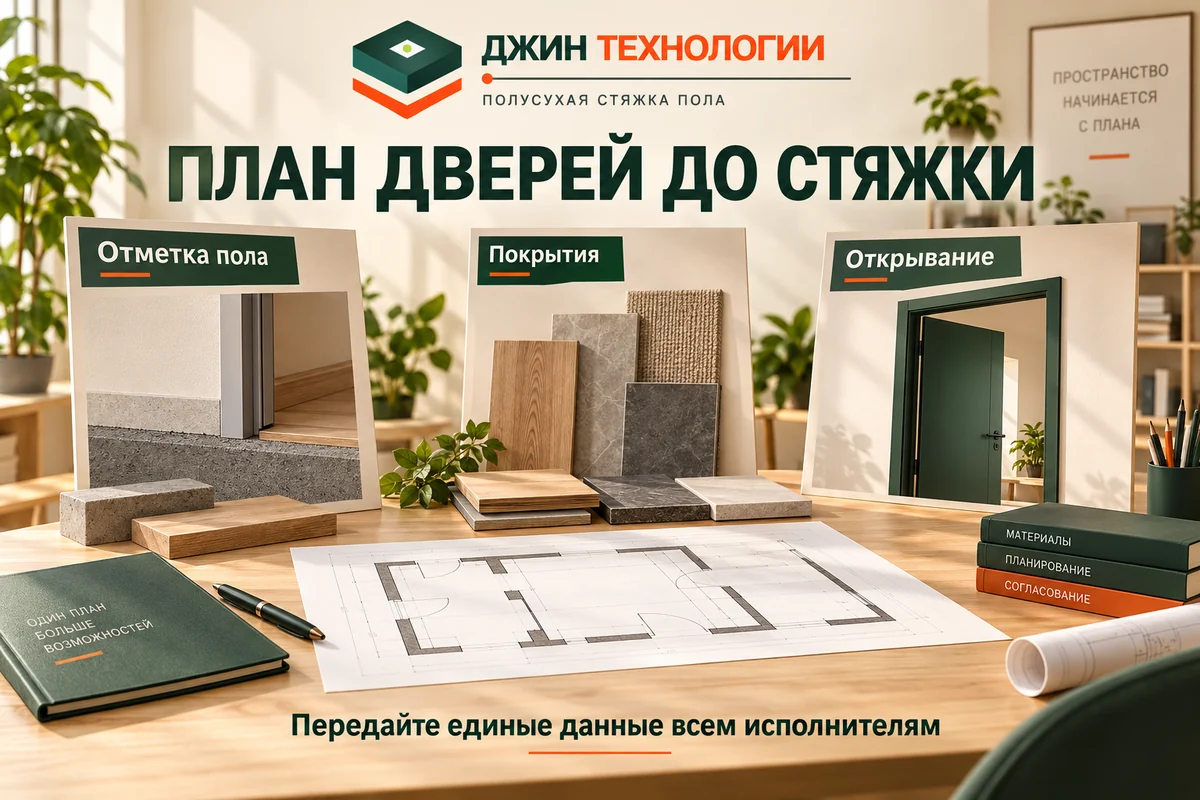 Редакционная ИИ-инфографика: Отметка пола, затем Покрытия, затем Открывание