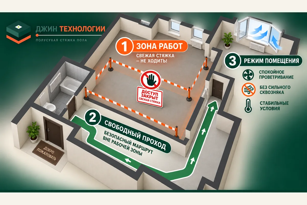 Редакционная ИИ-инфографика безопасного доступа после полусухой стяжки: Закрытая зона свежей стяжки, затем Свободный проход вне работ, затем Согласованный режим помещения