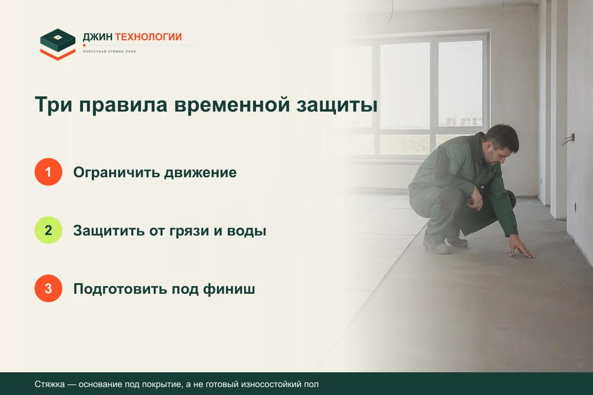Памятка по временной защите полусухой стяжки: Ограничить движение, затем Защитить от грязи и воды, затем Подготовить под финиш