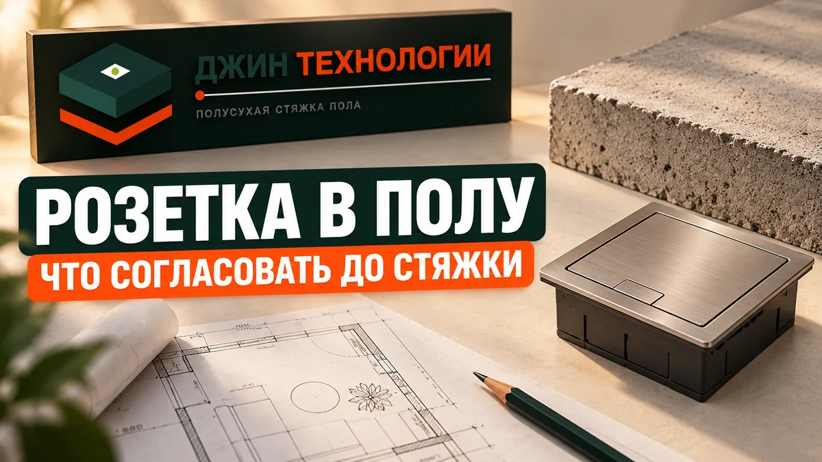 Редакционная ИИ-иллюстрация: закрытый корпус напольной розетки, план и образец стяжки, знак Джин Технологии