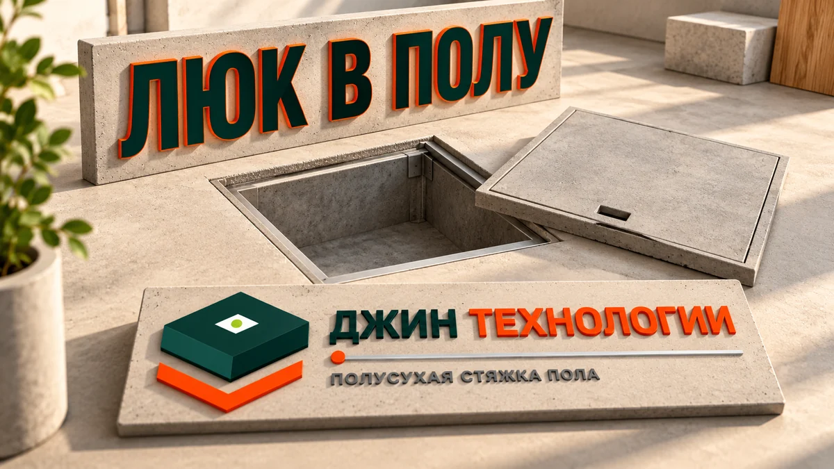 Редакционная ИИ-иллюстрация: концептуальный макет напольного люка рядом с полусухой стяжкой и фирменный знак Джин Технологии