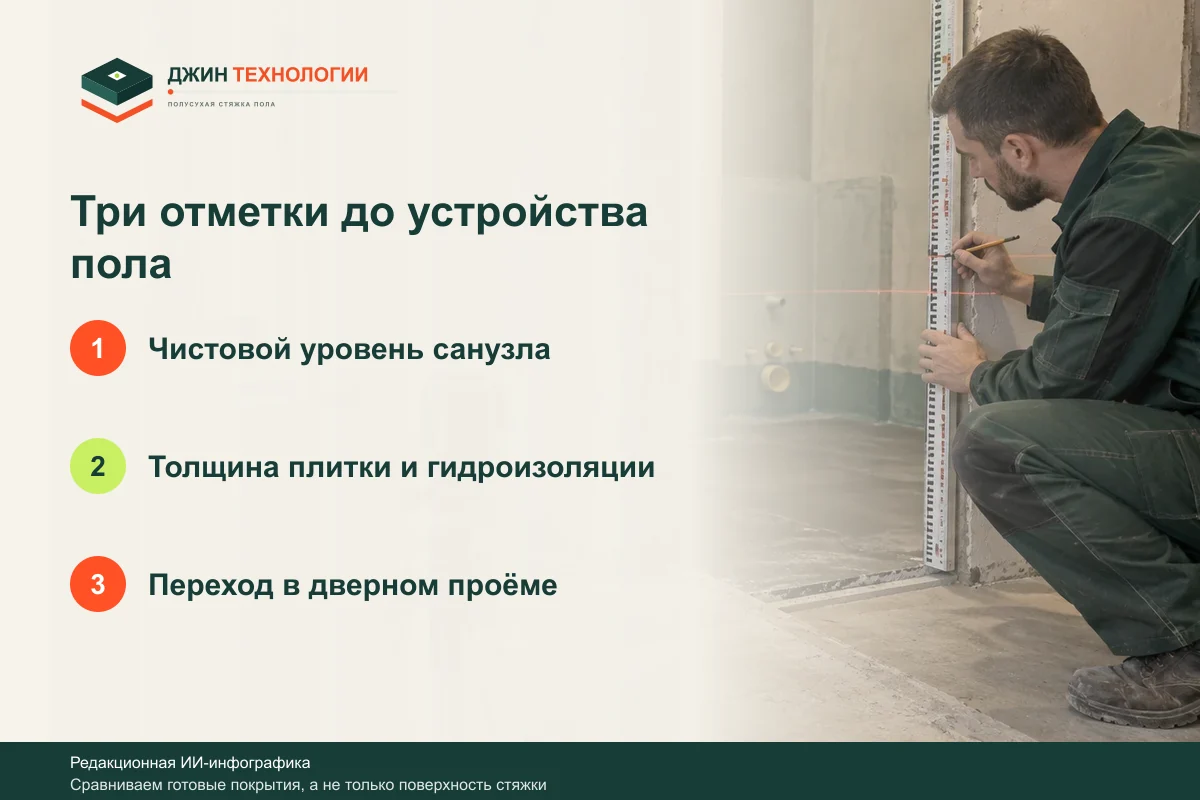 Схема согласования отметок пола: Чистовой уровень санузла, затем Толщина плитки и гидроизоляции, затем Переход в дверном проёме