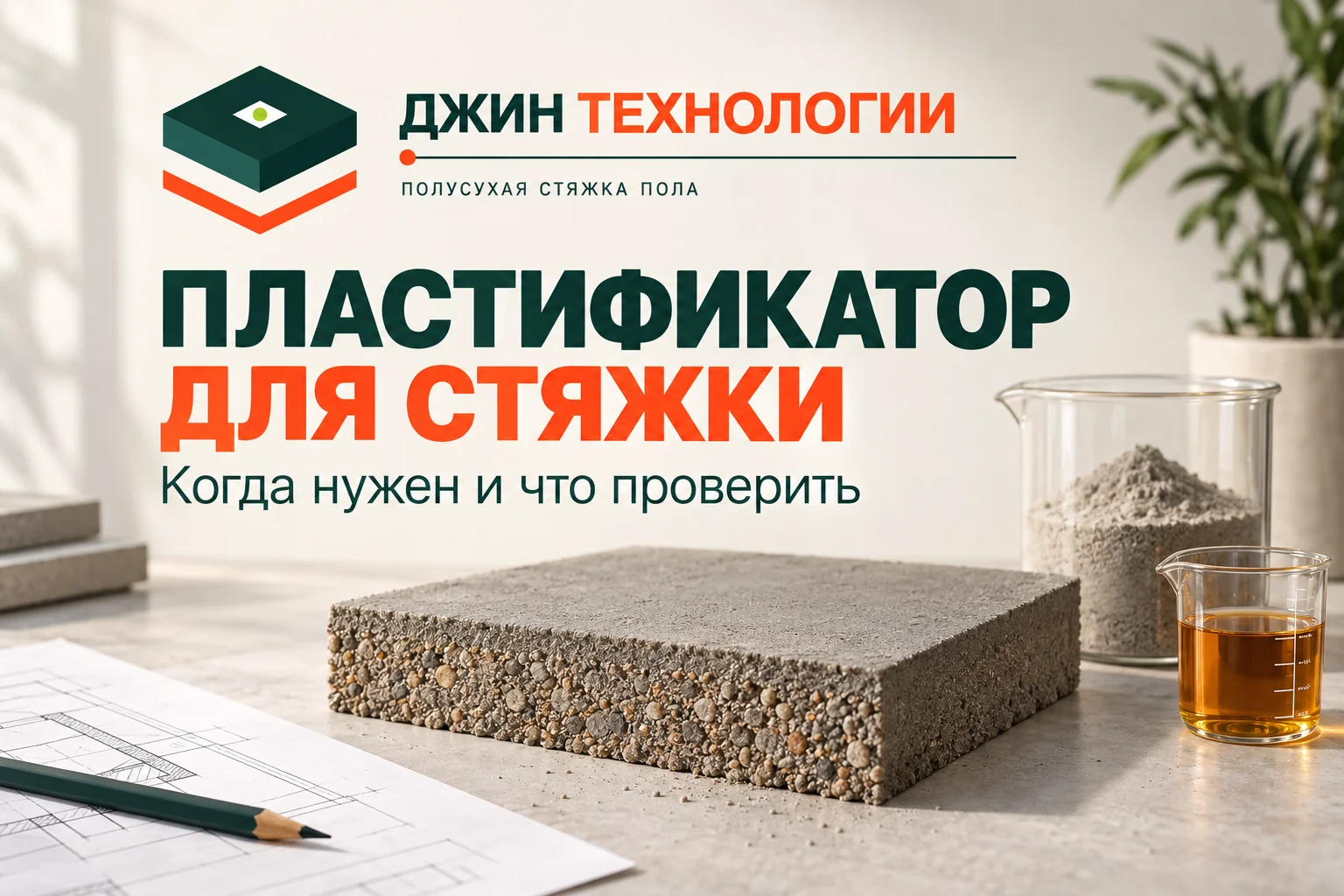 Редакционная ИИ-иллюстрация: образец стяжки и нейтральная мерная ёмкость, пластификатор для стяжки