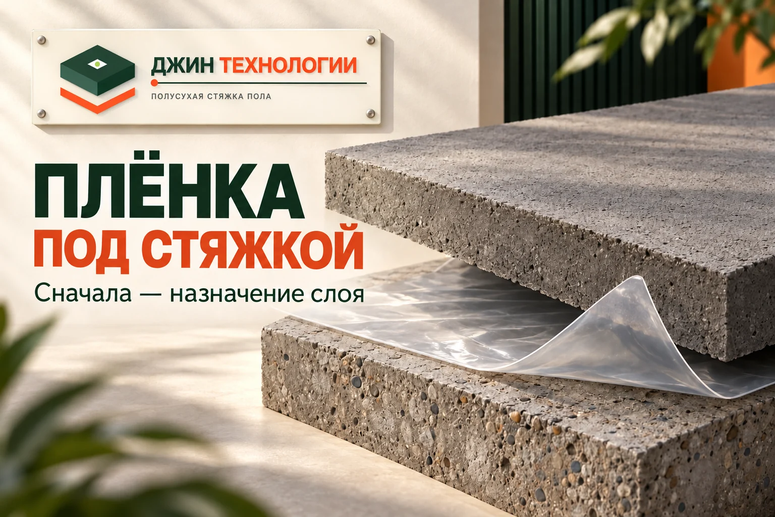 Редакционная ИИ-иллюстрация: концептуальная плёнка между стяжкой и основанием