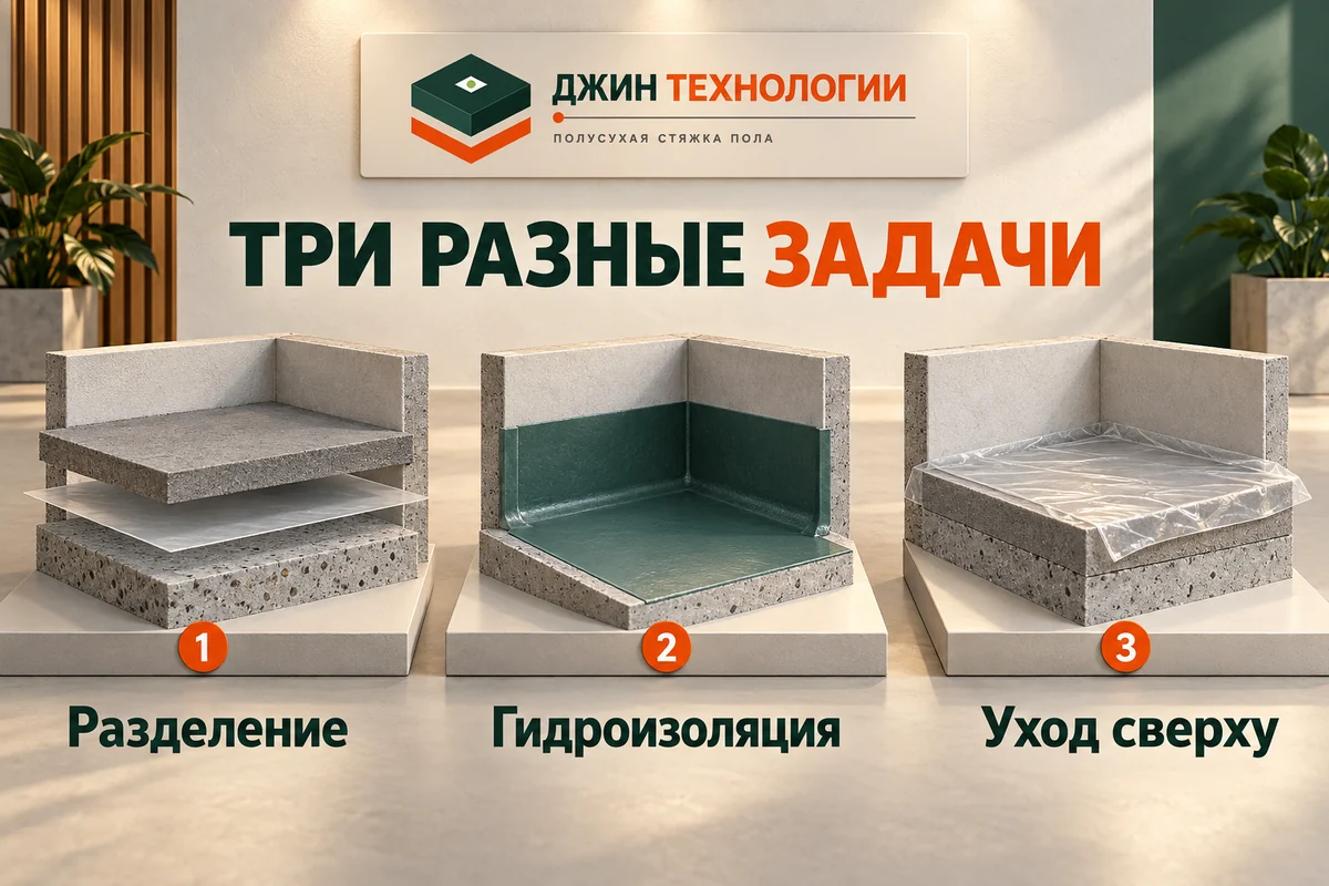 Редакционная ИИ-инфографика: Разделение, Гидроизоляция, Уход сверху