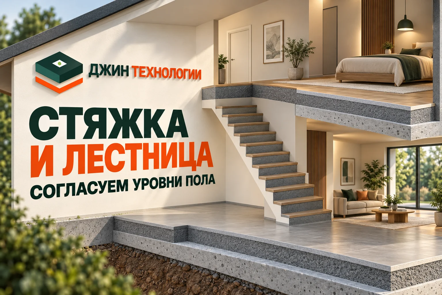 Редакционная ИИ-иллюстрация: концептуальная лестница между двумя этажами и готовые плоскости пола