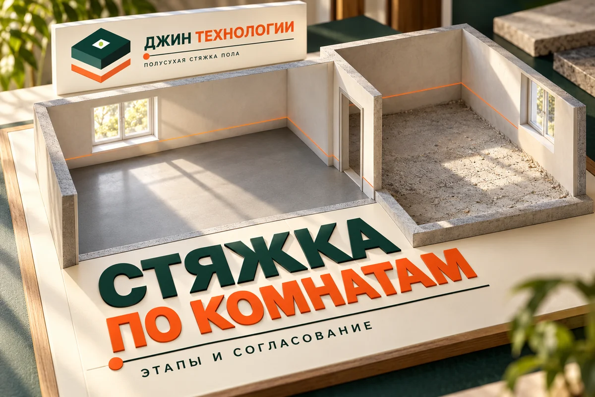 Редакционная ИИ-иллюстрация: концептуальный макет комнат для согласования этапов полусухой стяжки