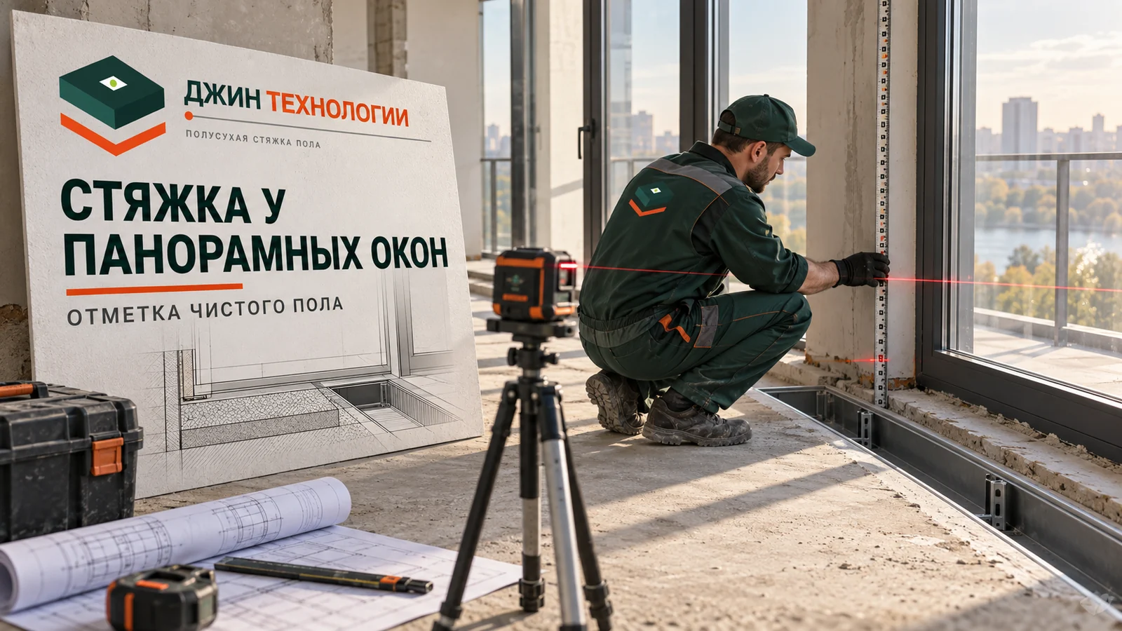 Редакционная ИИ-иллюстрация разметки уровня полусухой стяжки у панорамного окна