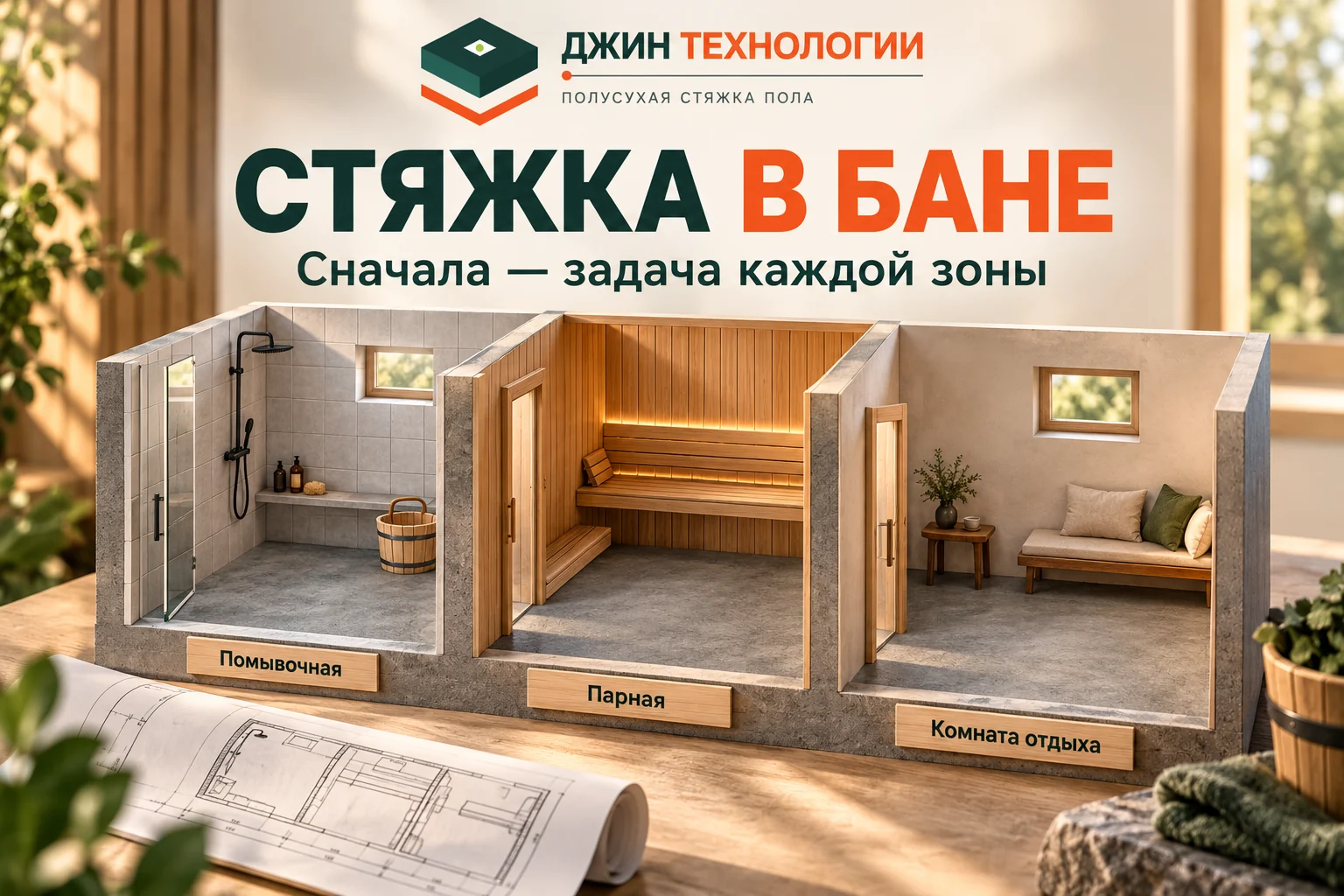 Редакционная ИИ-иллюстрация: концептуальный макет помывочной, парной и комнаты отдыха с основанием пола