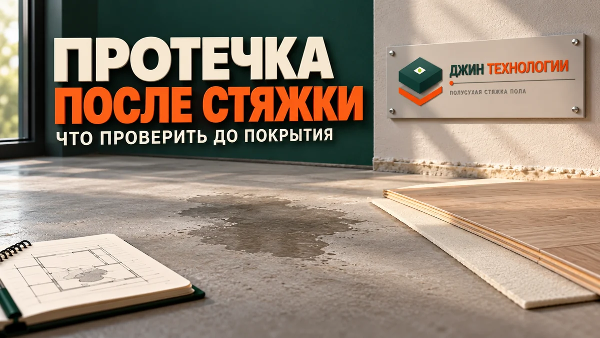 Редакционная ИИ-иллюстрация: образец стяжки с локальным влажным участком и журнал осмотра, фирменный знак Джин Технологии