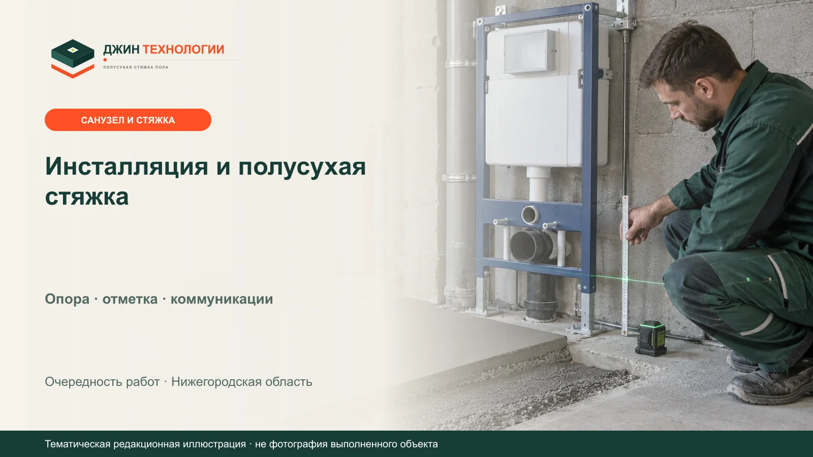 Редакционная иллюстрация проверки отметки пола у сантехнической инсталляции перед устройством полусухой стяжки