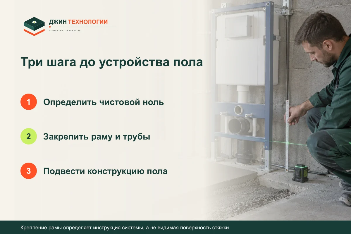 Схема согласования сантехнической инсталляции и стяжки: Определить чистовой ноль, затем Закрепить раму и трубы, затем Подвести конструкцию пола