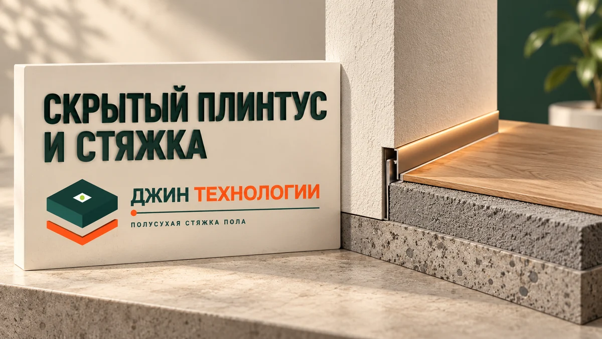 Редакционная ИИ-иллюстрация: условный макет скрытого плинтуса рядом со стяжкой, фирменный знак Джин Технологии