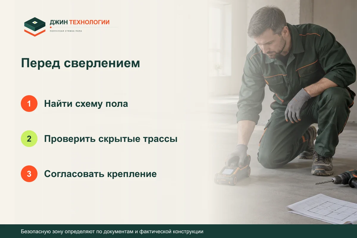 Памятка перед сверлением стяжки: Найти схему пола, затем Проверить скрытые трассы, затем Согласовать крепление