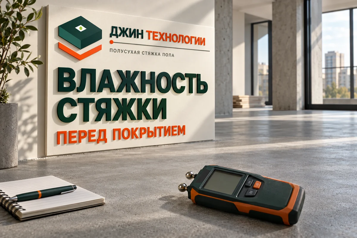 Редакционная ИИ-иллюстрация: прибор контроля влажности на полусухой стяжке перед укладкой покрытия