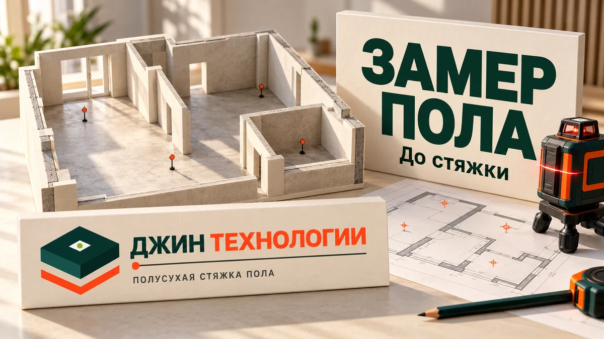 Редакционная ИИ-иллюстрация: концептуальный макет основания, схема замера и фирменный знак Джин Технологии