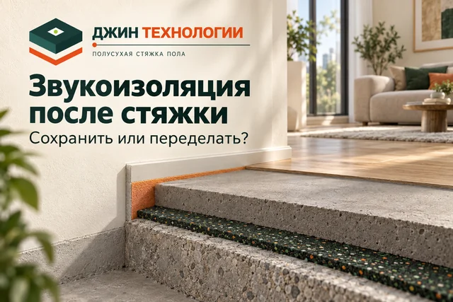 Редакционная ИИ-обложка Джин Технологии: звукоизоляция после готовой стяжки, сохранить или переделать