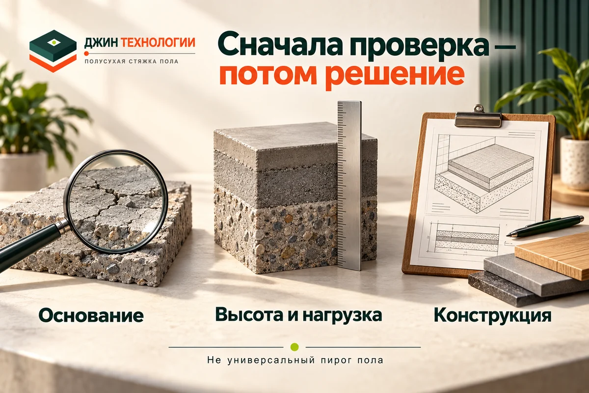 Редакционная ИИ-инфографика: состояние основания, затем доступная высота и нагрузка, затем согласованная конструкция
